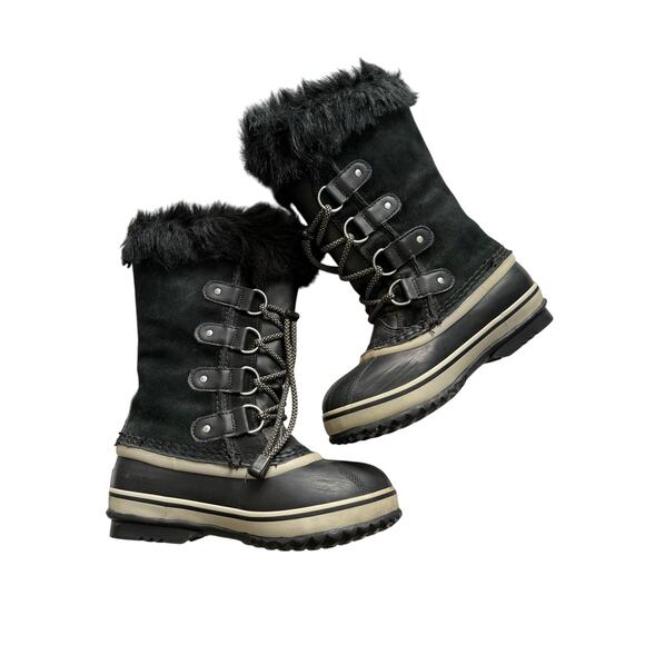 Sorel Joan of Arctic Youth Boot Girls 2 Black Waterproof Suede Faux Fur Cuff
